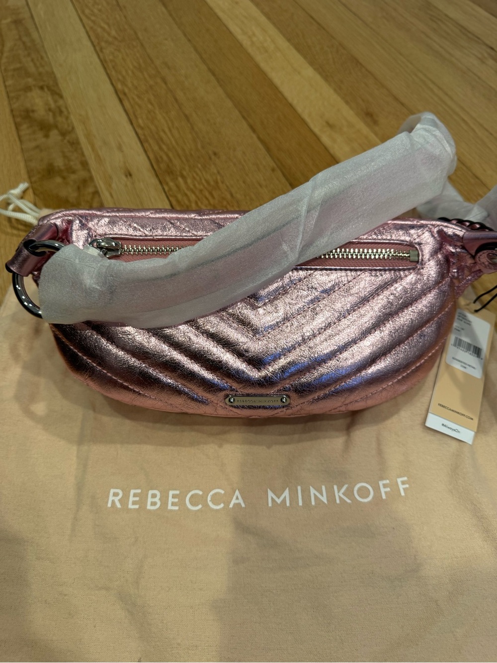 Rebecca Minkoff Metallic Rose Pink Quilted Crossbody Belt Bag NWT - Picture 5 of 16